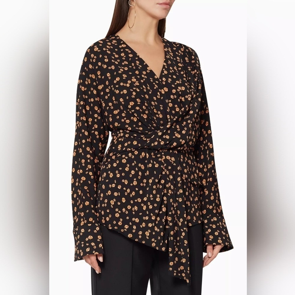Acler Twist Front Blouse Womens 6 Black Floral Long Sleeve V-Neck Top